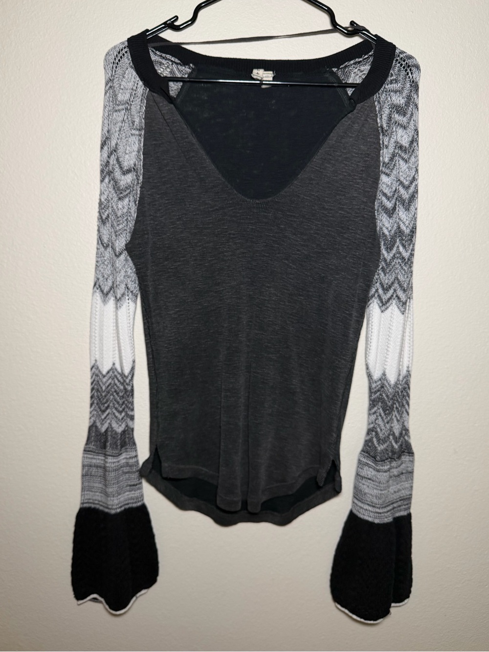 We the Free Y2K Free People Bell Sleeve Waffle Knit Henley Top Stripes Boho